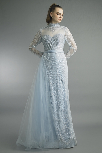 Beaded High-Neck Tulle Gown