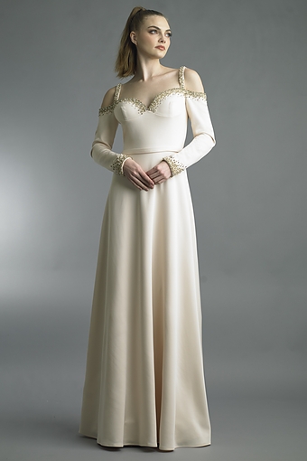 Pearl-Trimmed Cold-Shoulder Silk Gown