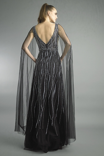 Beaded V-Neck Cape Gown