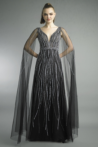 Beaded V-Neck Cape Gown