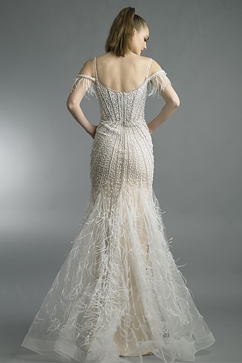 Beaded Cold-Shoulder Feather Gown