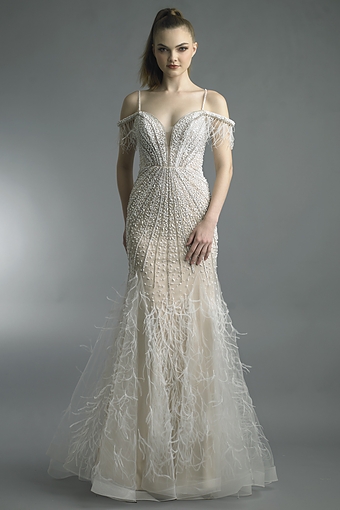Beaded Cold-Shoulder Feather Gown