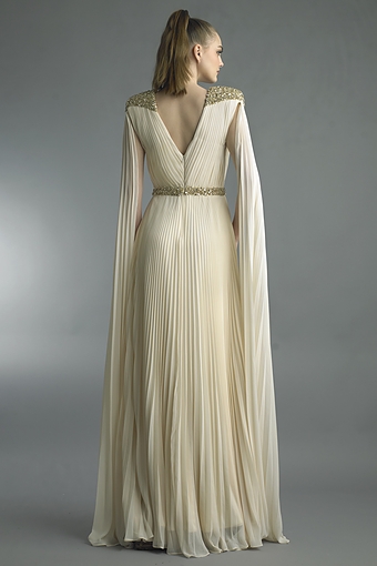 Pleated Goddess Gown with Gold Shoulder Cape