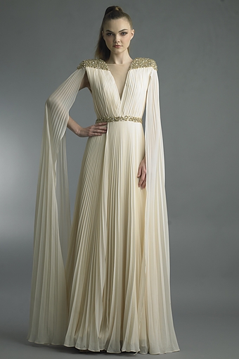 Pleated Goddess Gown with Gold Shoulder Cape