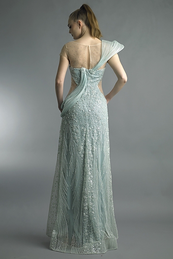 Beaded Illusion Cap Sleeve Gown