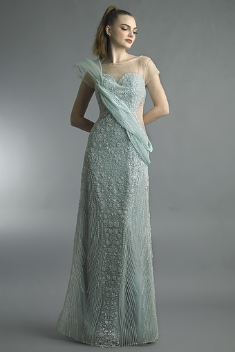 Beaded Illusion Cap Sleeve Gown