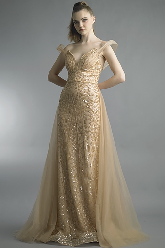 Sequin Lattice V-Neck Tulle Gown