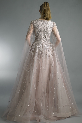Beaded Tulle Cape Gown in Champagne