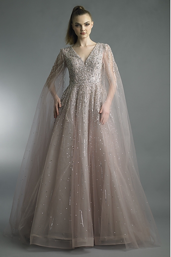 Beaded Tulle Cape Gown in Champagne