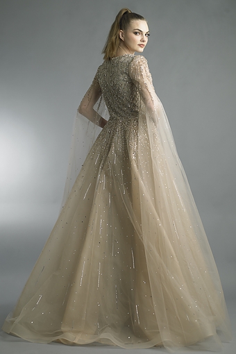 Beaded Tulle Cape Gown in Champagne