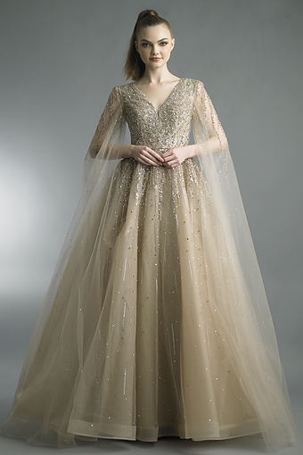 Beaded Tulle Cape Gown in Champagne