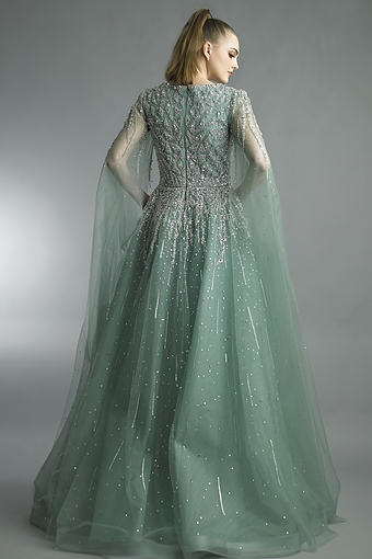 Beaded Tulle Cape Gown in Champagne