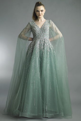 Beaded Tulle Cape Gown in Champagne