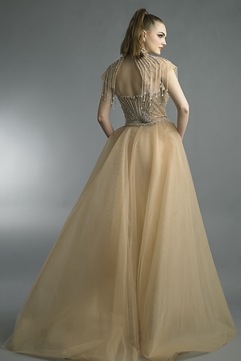 Beaded Sweetheart Gown with Fringe Capelet