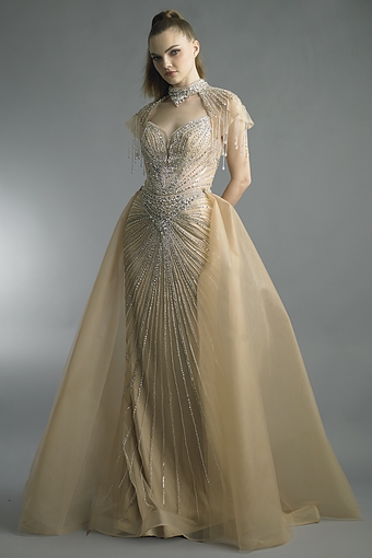 Beaded Sweetheart Gown with Fringe Capelet