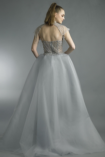 Beaded Sweetheart Gown with Fringe Capelet