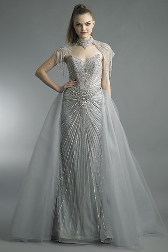 Beaded Sweetheart Gown with Fringe Capelet
