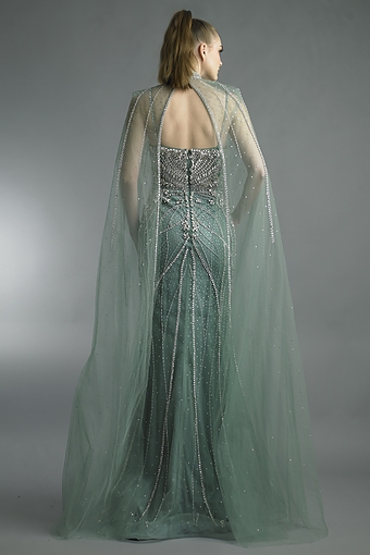 Pearl-Embellished Sweetheart Gown with Cape