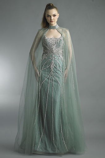 Pearl-Embellished Sweetheart Gown with Cape