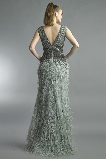 Beaded Feather V-Neck Gown