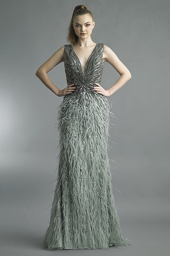 Beaded Feather V-Neck Gown