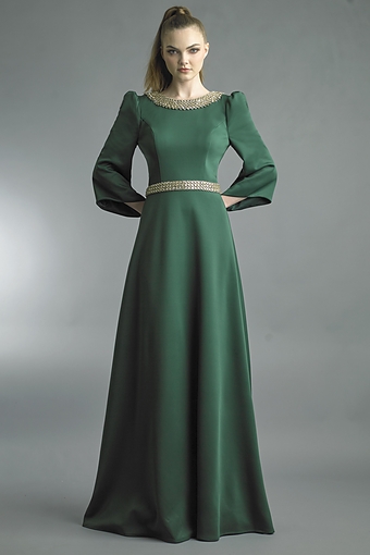 Beaded Hunter Green Silk Gown