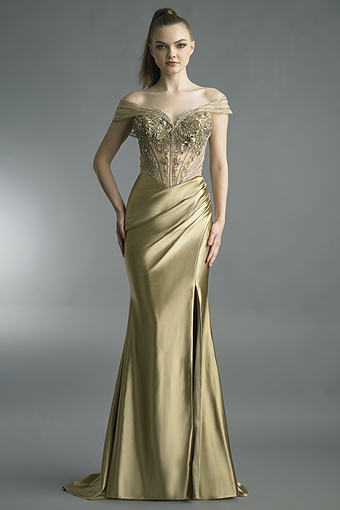 Beaded Off-Shoulder Silk Mermaid Gown