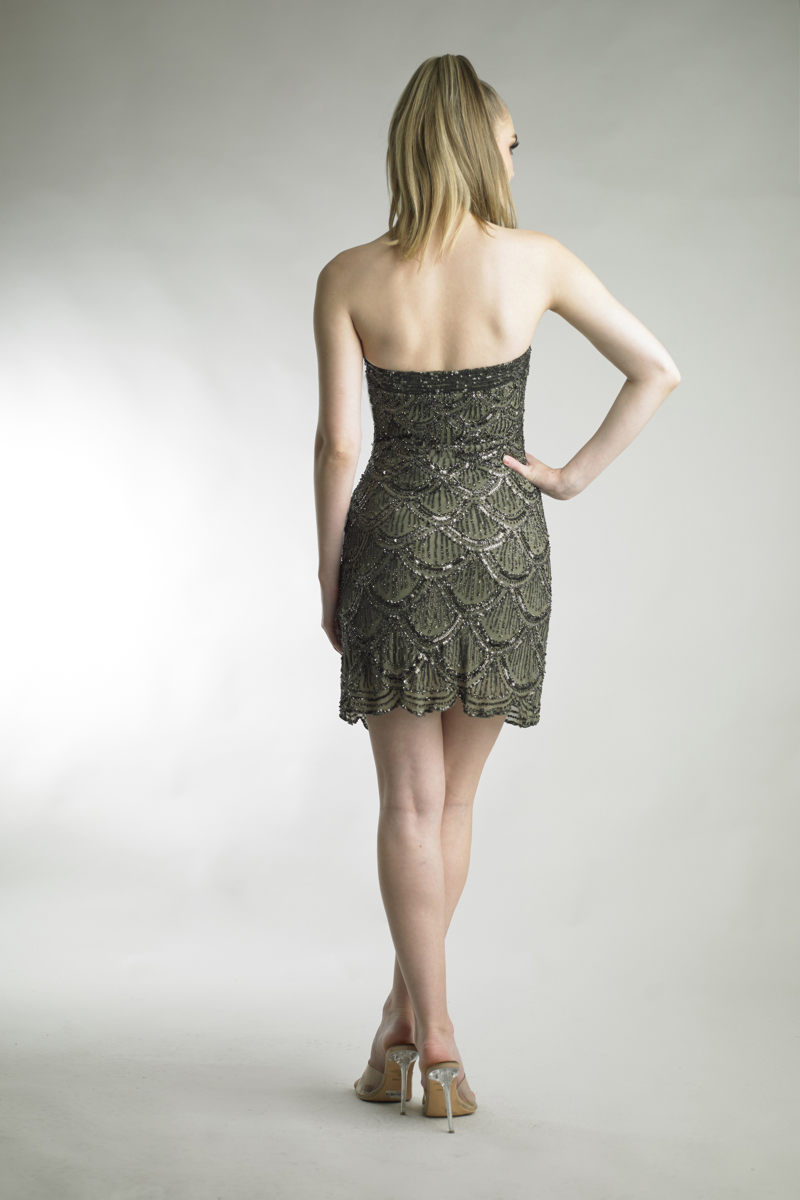 Clamshell Beaded Strapless Cocktail Dress