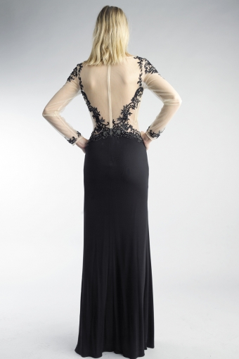 Embroidered Illusion Long-Sleeve Gown