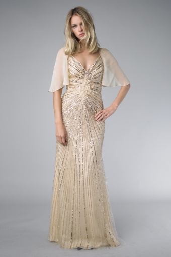 v neck sequined evening dress with sheer sleeve
