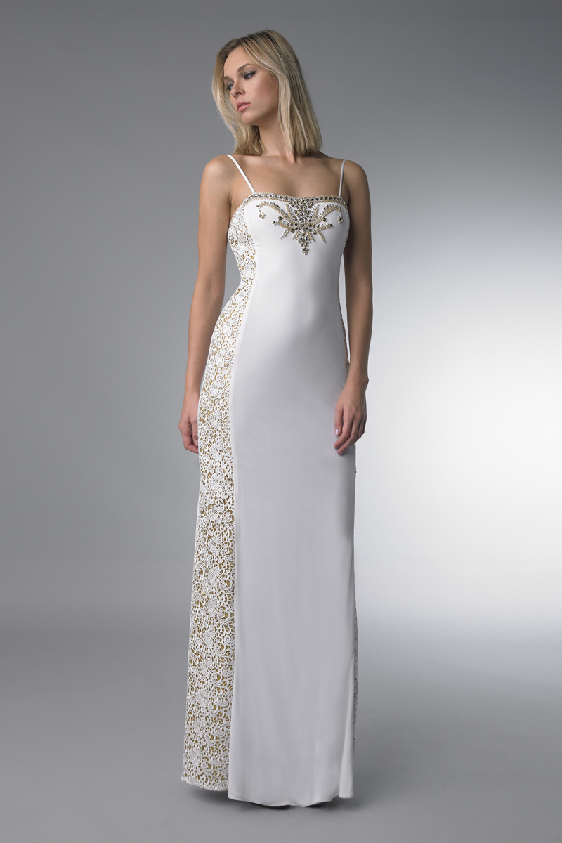 Crystal-Embellished Spaghetti Strap Gown