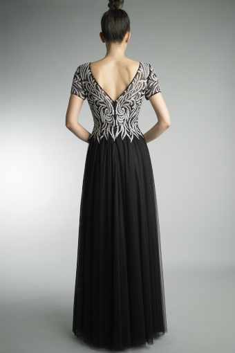 Beaded Tulle Gown with Short Sleeves