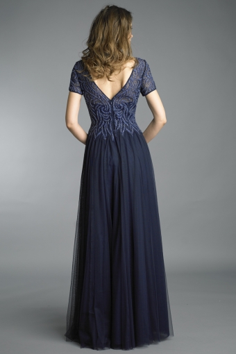 Beaded Tulle Gown with Short Sleeves