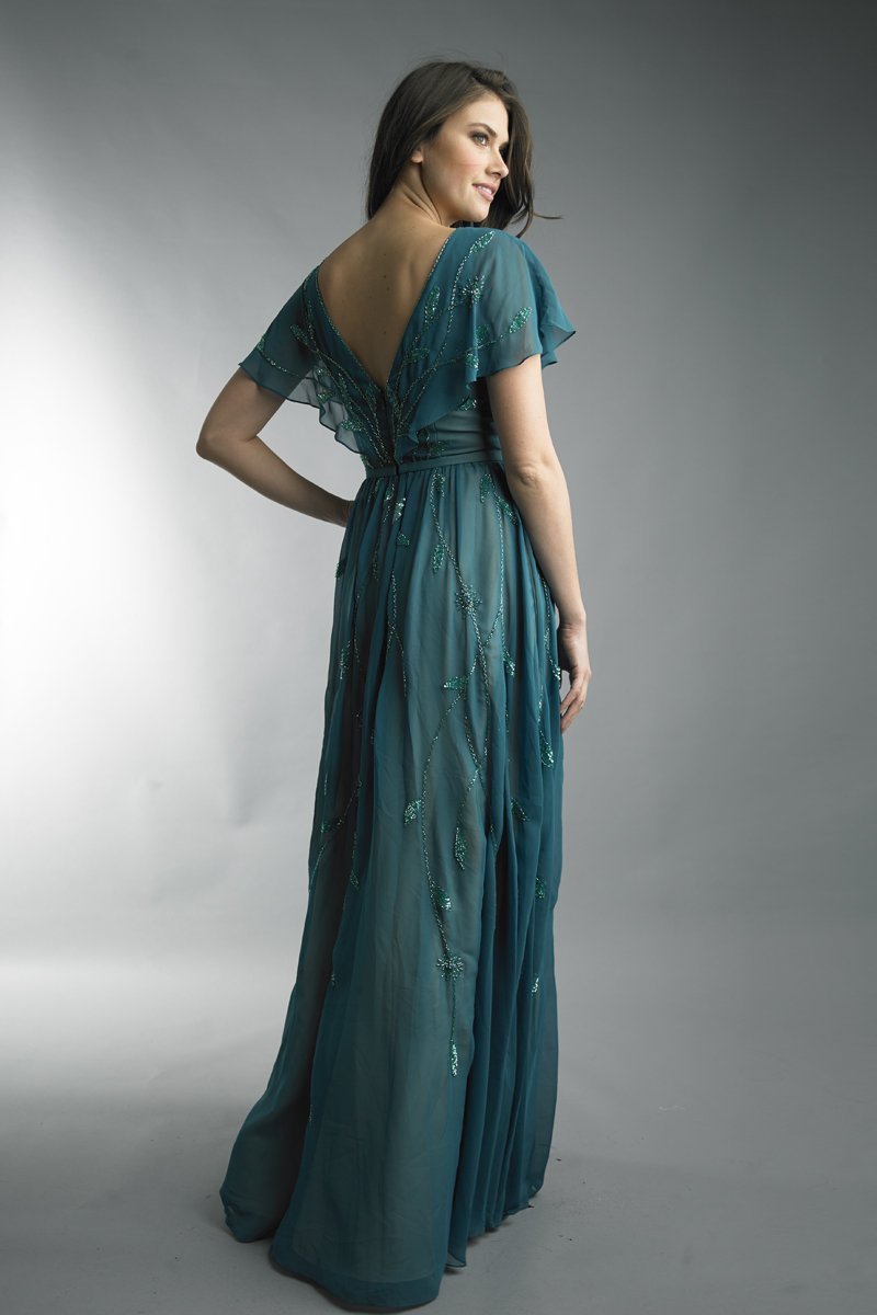 Sequin Flutter-sleeve Gown