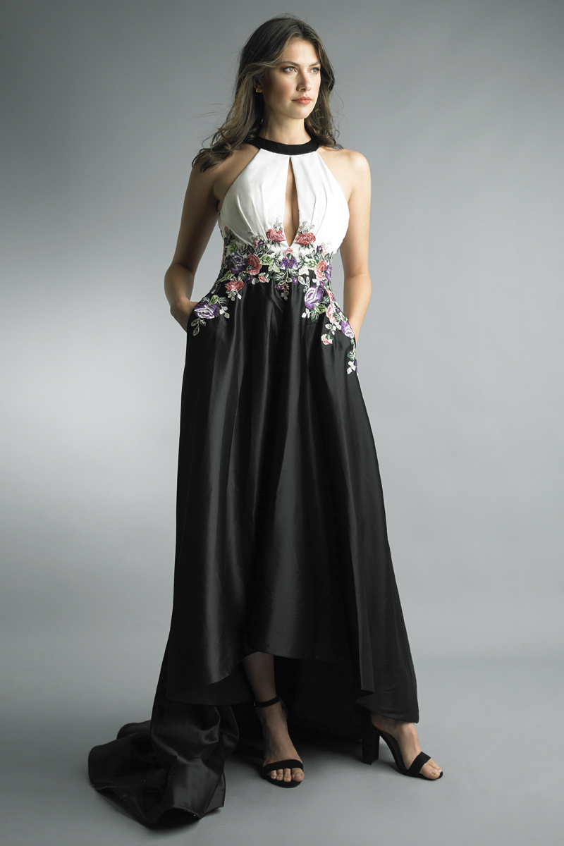 sleeveless evening gown with train