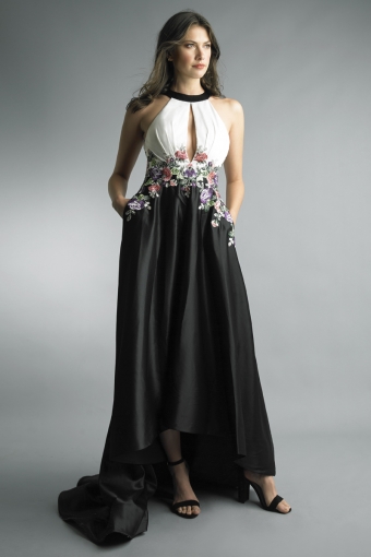 sleeveless evening gown with train