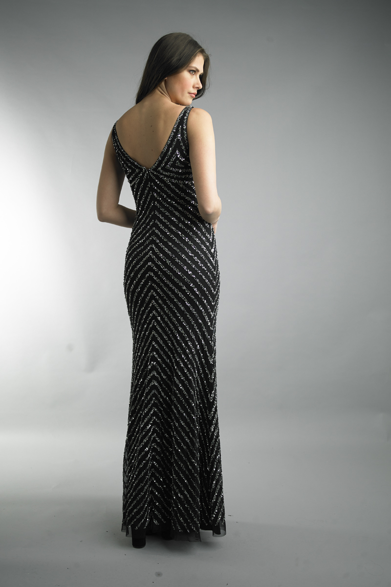 v neck chevron embellished gown