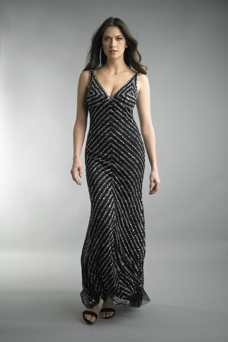 v neck chevron embellished gown