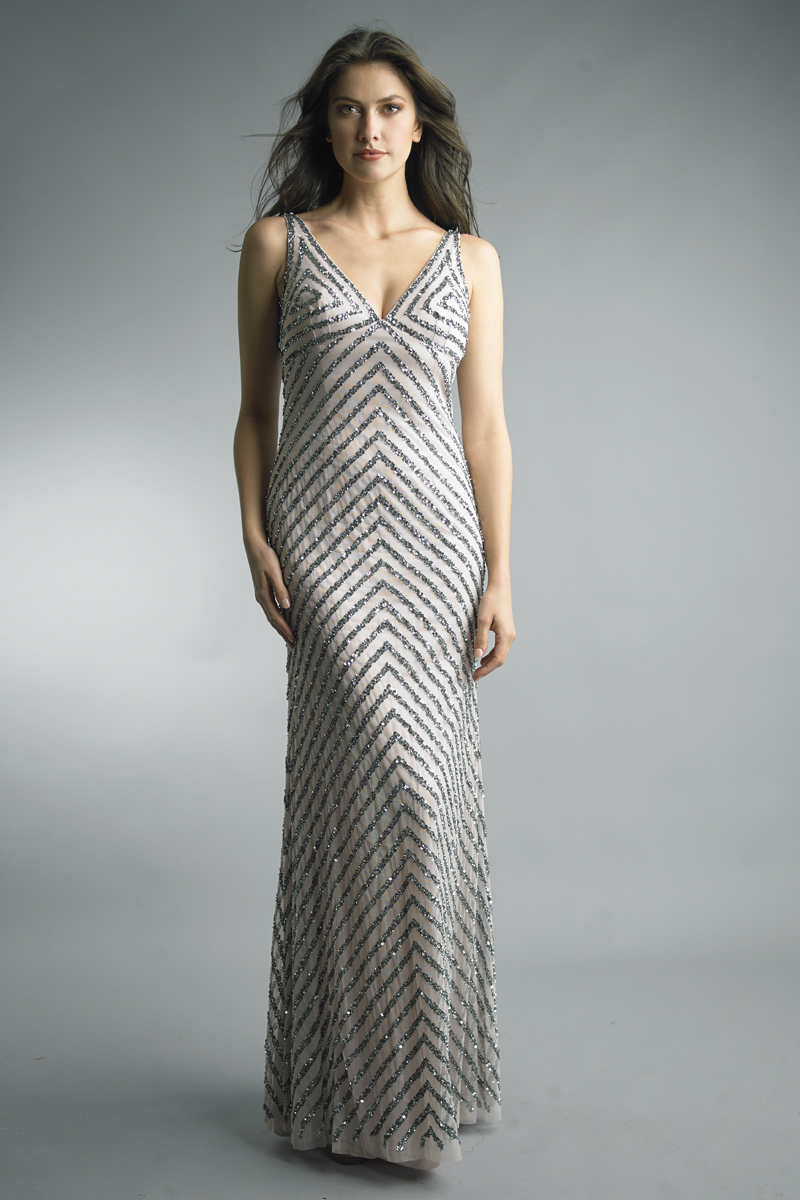 v neck chevron embellished gown