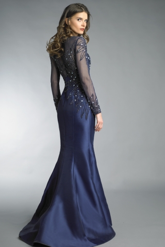 Long sleeve illusion evening gown