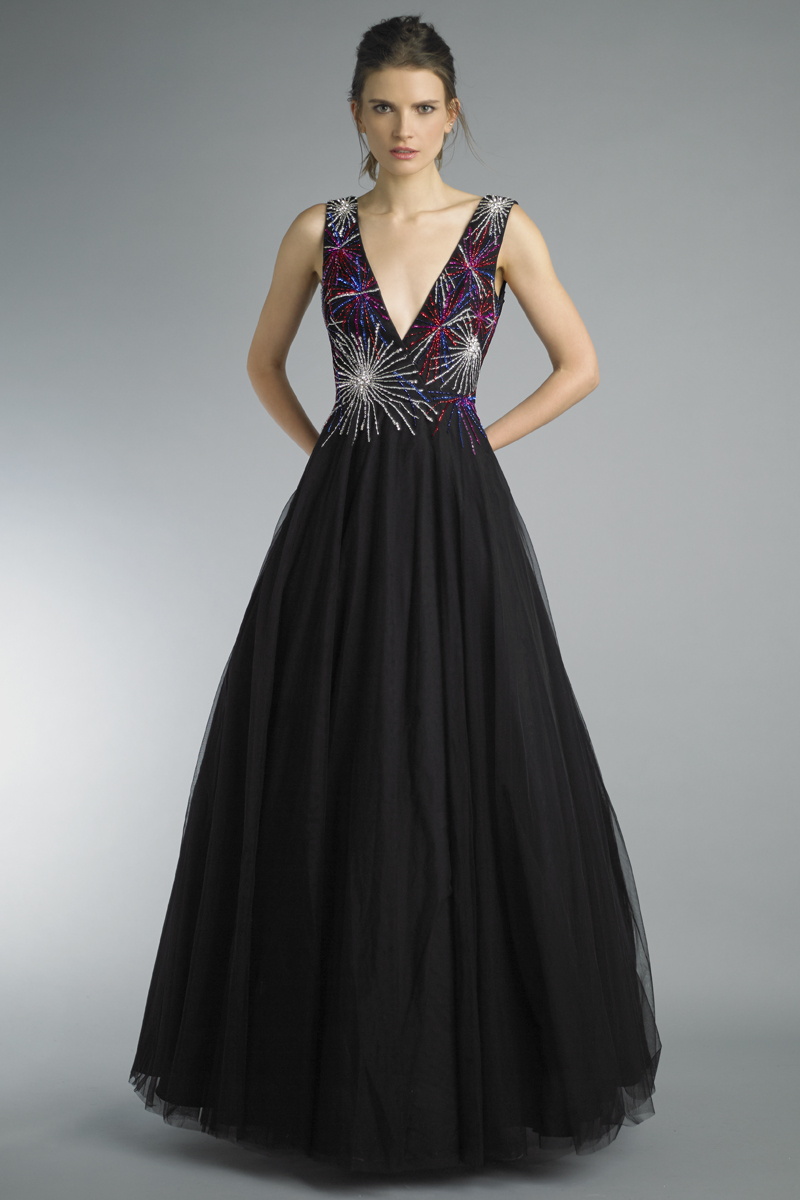 v neck ballgown with starburst motif
