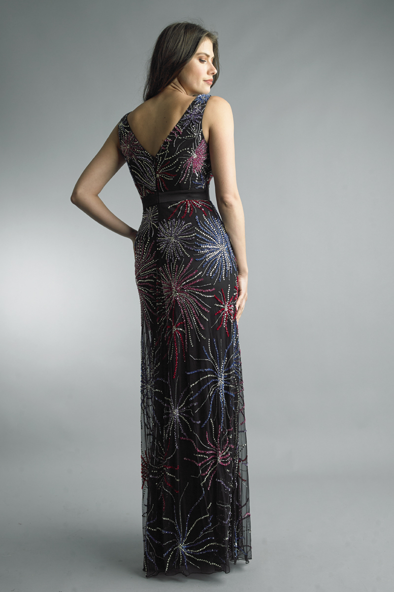 v neck ballgown with starburst motif