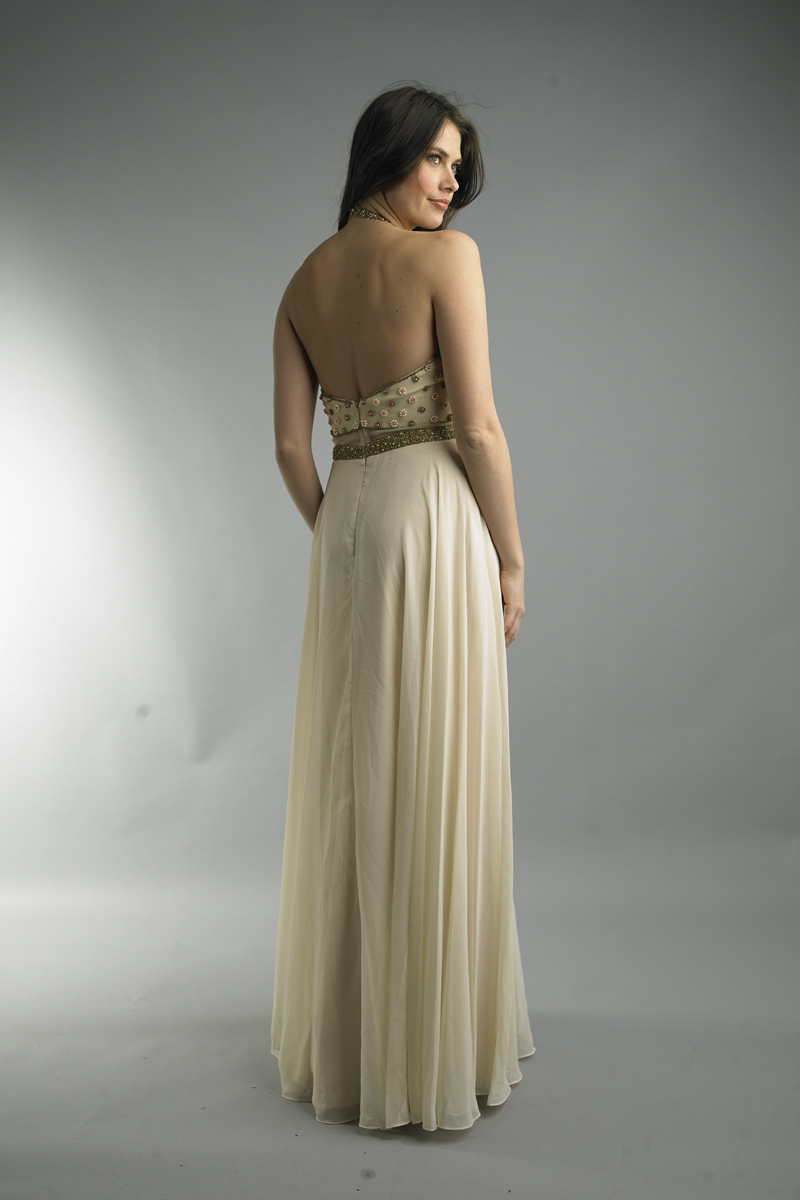Halter top evening dress with nude waist