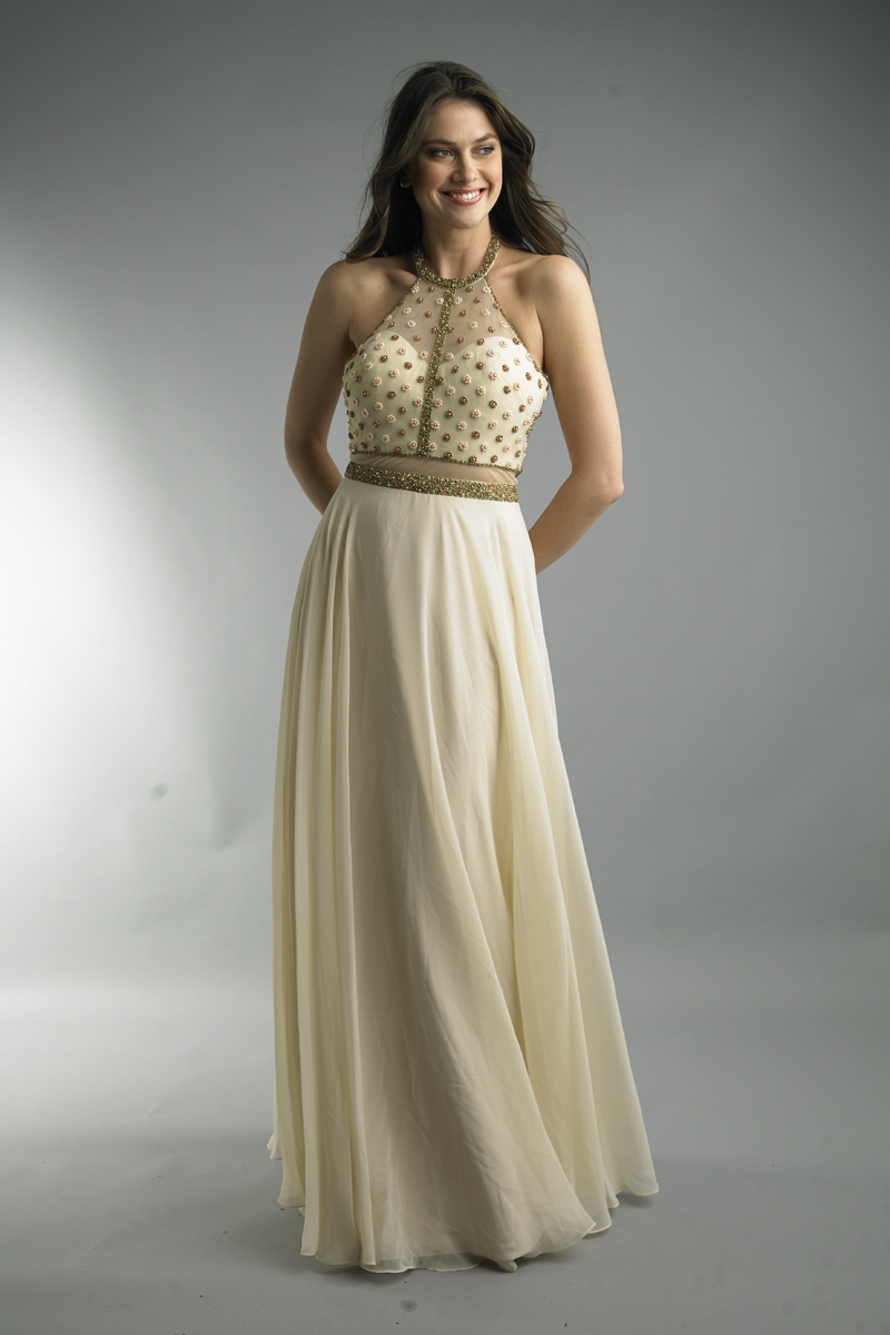 Halter top evening dress with nude waist