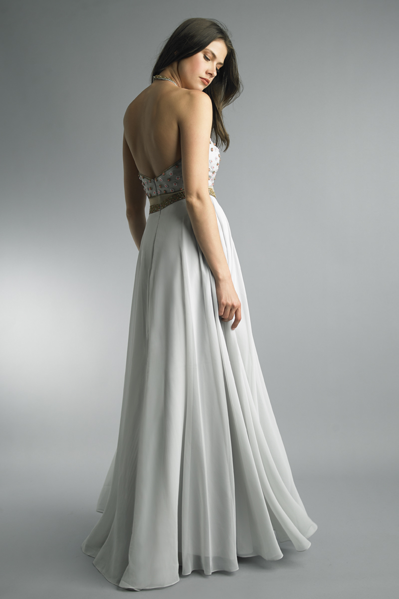 Halter top evening dress with nude waist