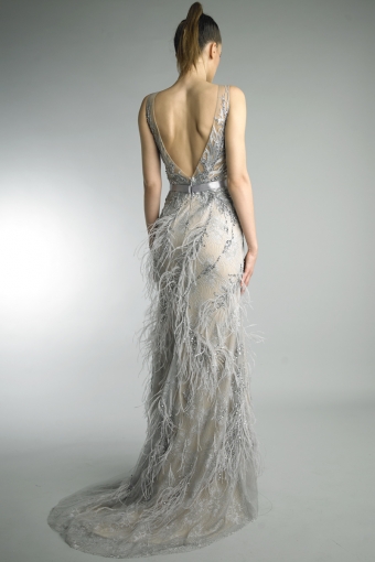 Illusion Burnout Feathered Sleeveless Gown