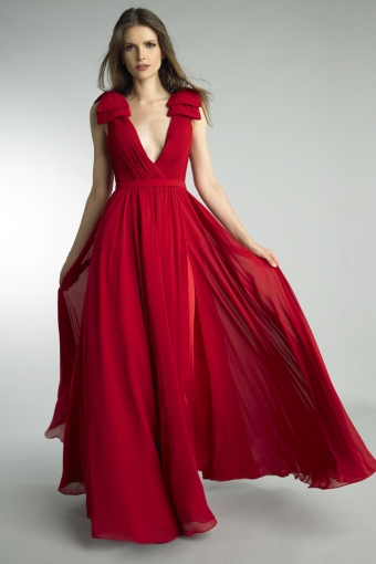 Pleated Deep V Gown