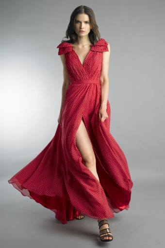 Pleated Deep V Gown