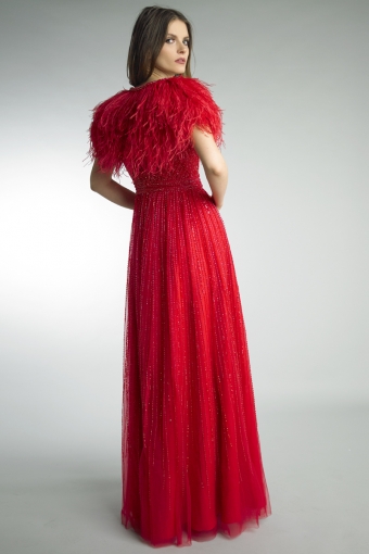 Beaded v neck sleeveless gown with feather cape jacket