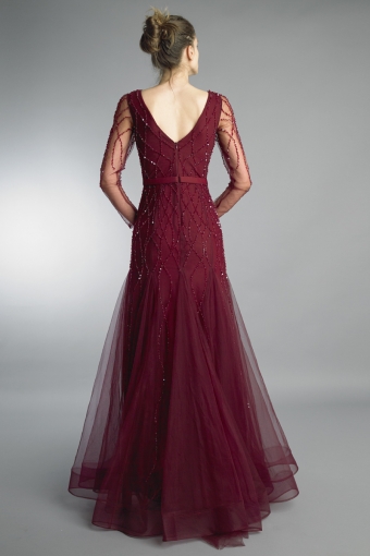V neck long sleeve godet a line gown